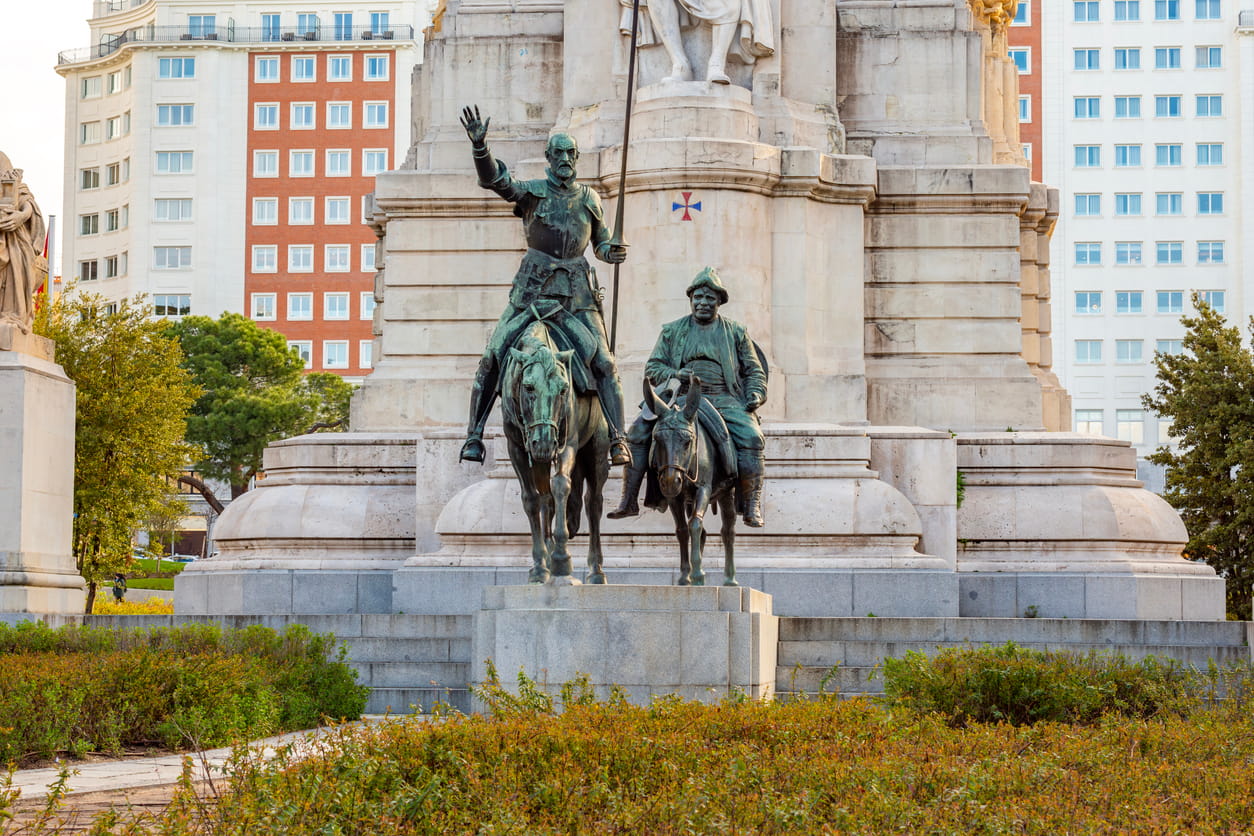 The Don Quixote and Sancho Panza statue in Plaza de España in Madrid