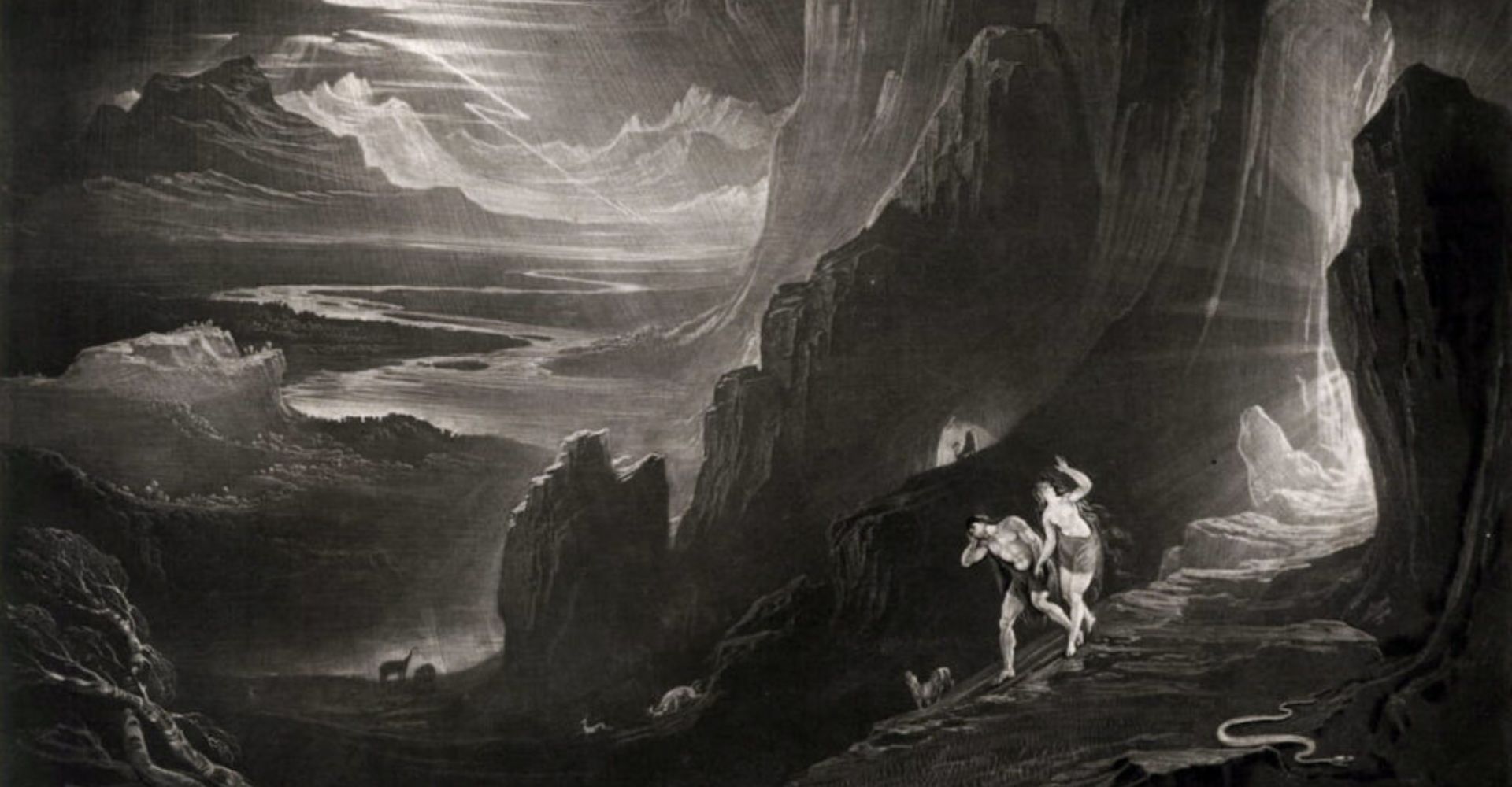 "L'espulsione di Adamo ed Eva dal Paradiso", John Martin (mezzatinta realizzata per l'opera Paradiso perduto di John Milton, 1823-27, Victoria and Albert Museum di Londra)